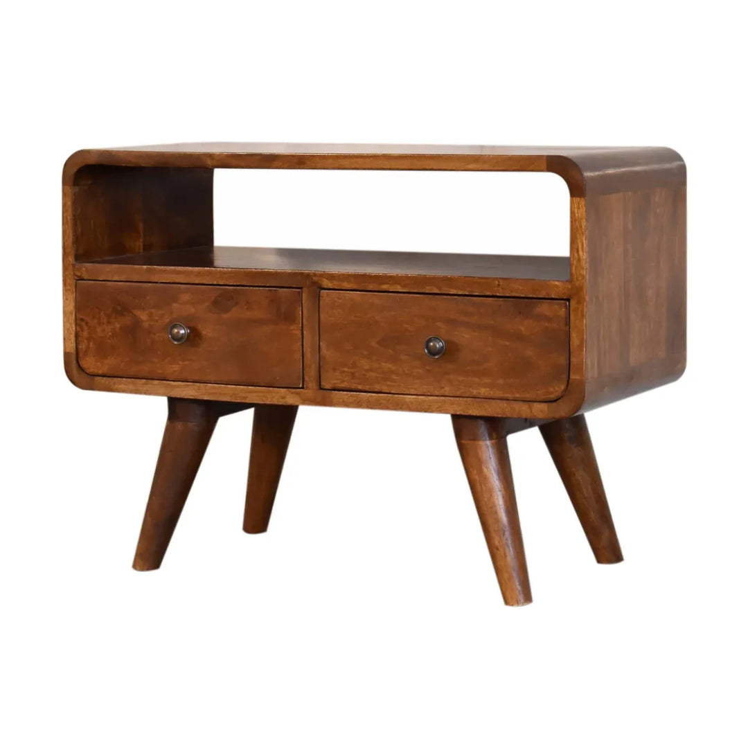 Mini Chestnut Curved Media Unit with 2 Drawers - TidySpaces