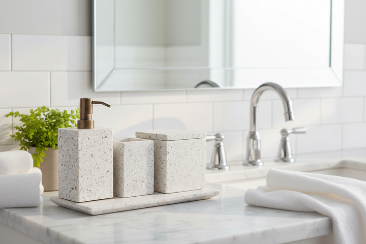 Bathroom counter with marble countertop, soap dispenser, and towels.