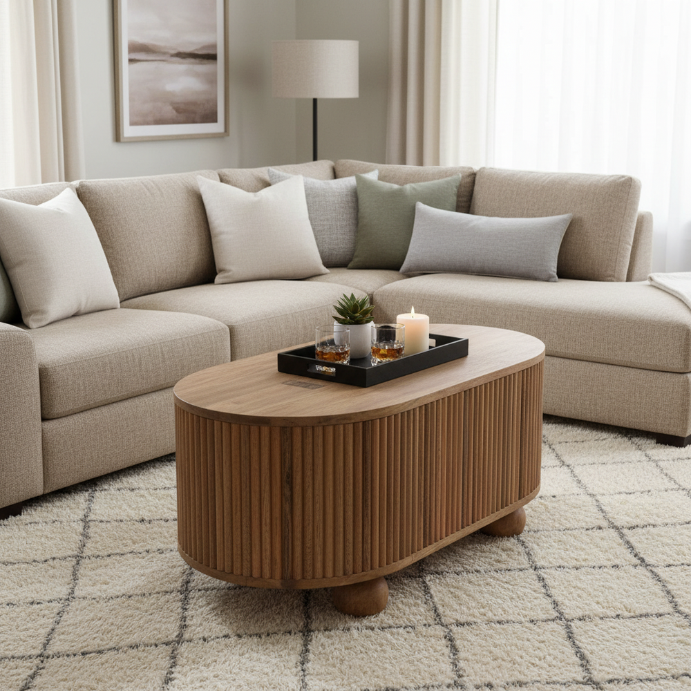 A modern living room setup featuring a beige sectional sofa with neutral-toned throw pillows, a round ribbed wood coffee table, and a cream shag rug.