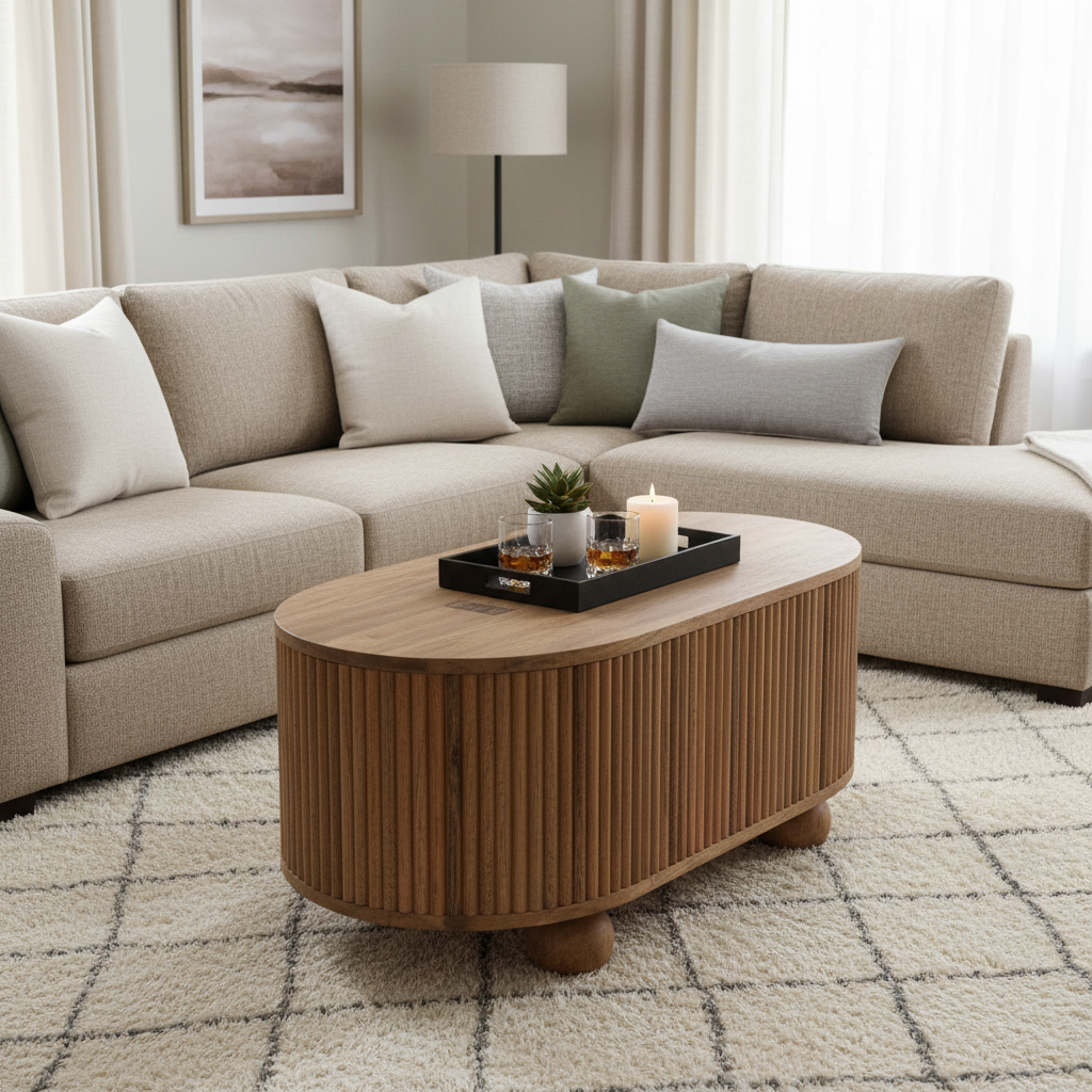 A modern living room setup featuring a beige sectional sofa with neutral-toned throw pillows, a round ribbed wood coffee table, and a cream shag rug.