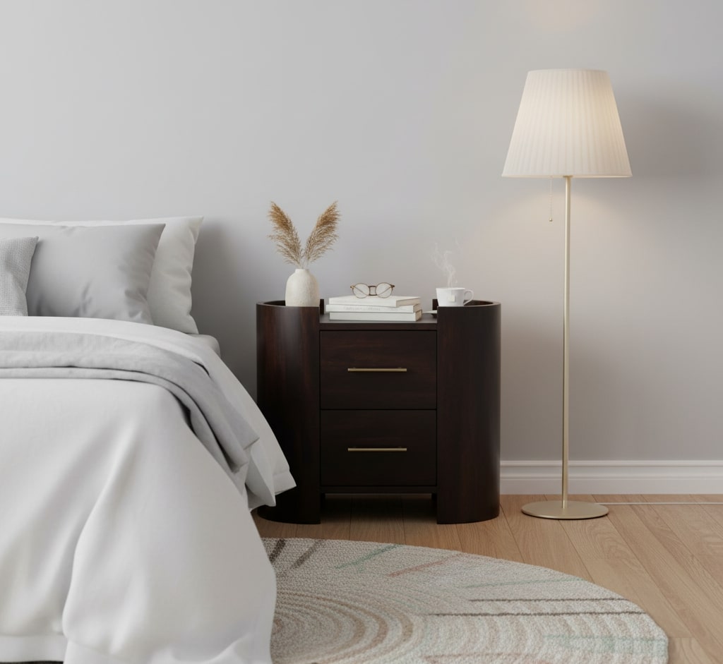Modern bedroom with a bed, nightstand, and floor lamp.