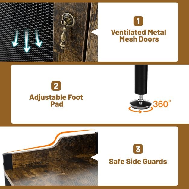 Industrial Corner Bar Wine Cabinet with Metal Mesh Doors and Adjustable Shelf in Brown