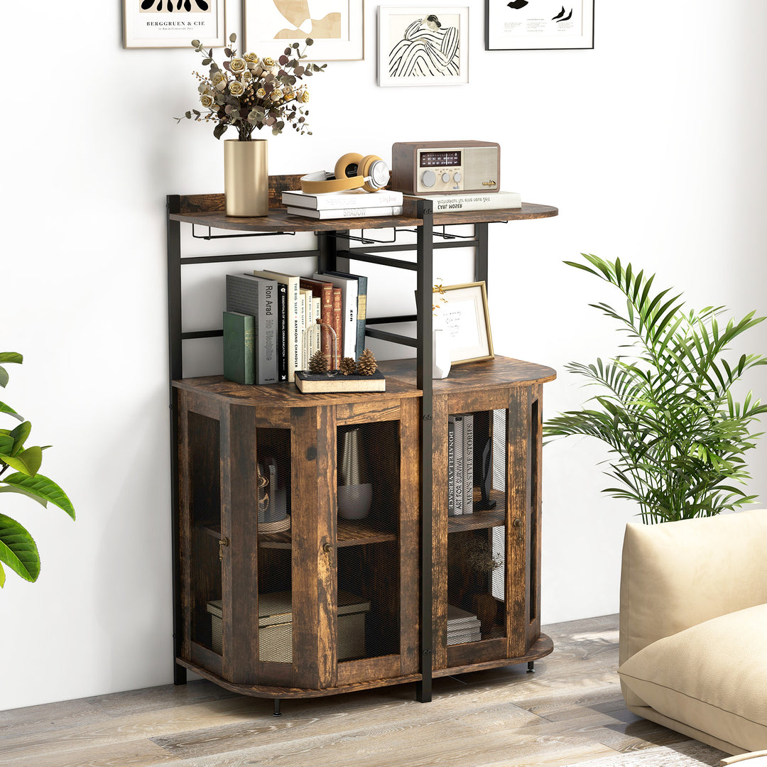 Industrial Corner Bar Wine Cabinet with Metal Mesh Doors and Adjustable Shelf-Brown - TidySpaces