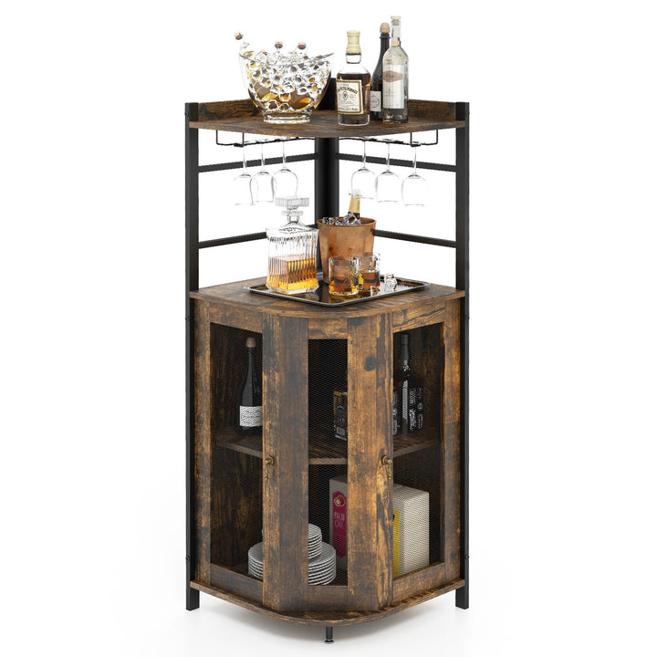 Industrial Corner Bar Wine Cabinet with Metal Mesh Doors and Adjustable Shelf-Brown - TidySpaces