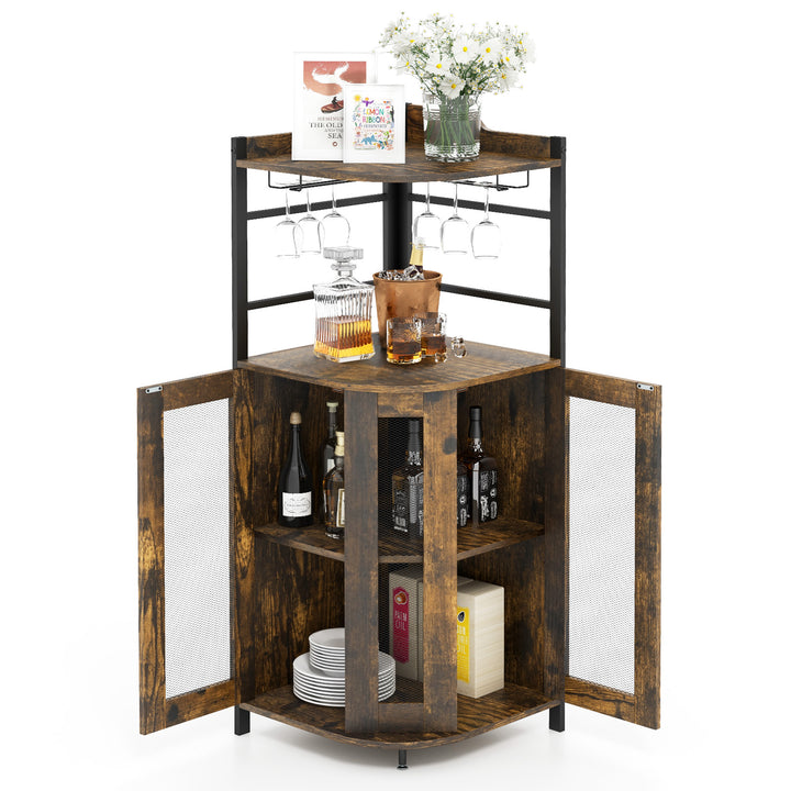Industrial Corner Bar Wine Cabinet with Metal Mesh Doors and Adjustable Shelf-Brown - TidySpaces