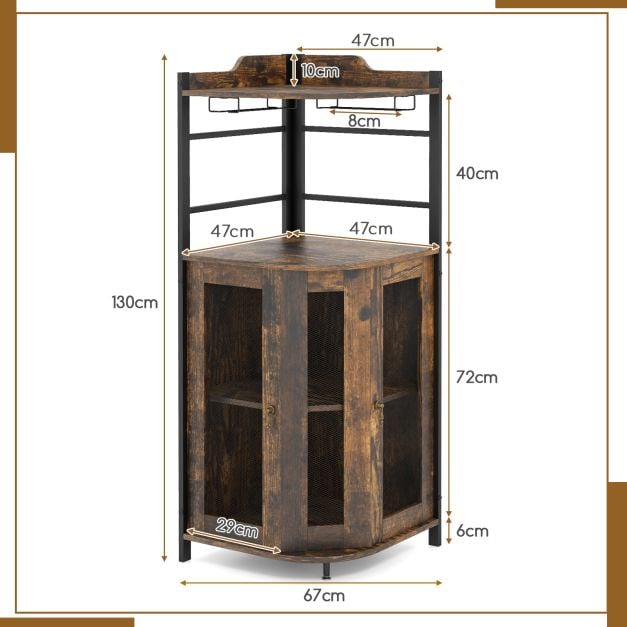 Industrial Corner Bar Wine Cabinet with Metal Mesh Doors and Adjustable Shelf in Brown