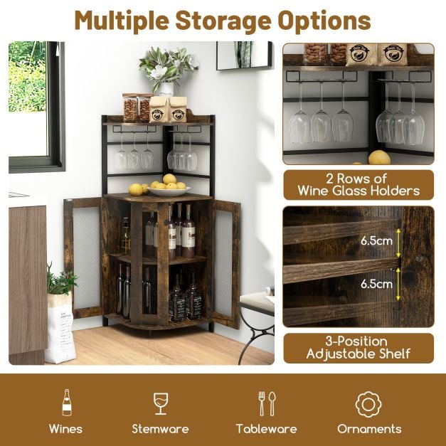 Industrial Corner Bar Wine Cabinet with Metal Mesh Doors and Adjustable Shelf in Brown