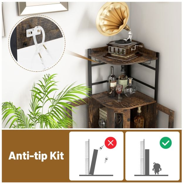 Industrial Corner Bar Wine Cabinet with Metal Mesh Doors and Adjustable Shelf in Brown