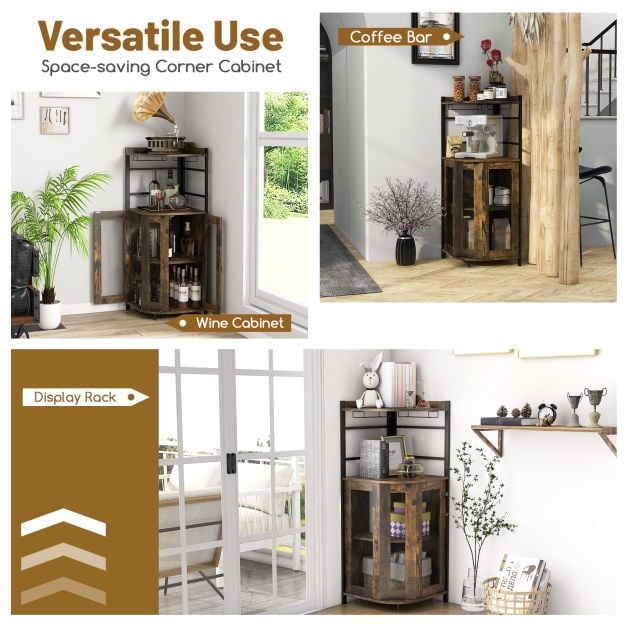 Industrial Corner Bar Wine Cabinet with Metal Mesh Doors and Adjustable Shelf in Brown