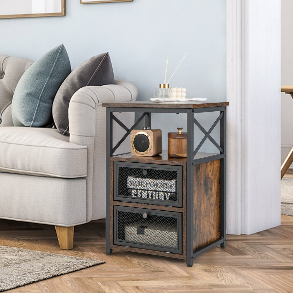 Industrial Bedside Nightstand with 2 Flip Drawers and Open Shelf Rustic - TidySpaces