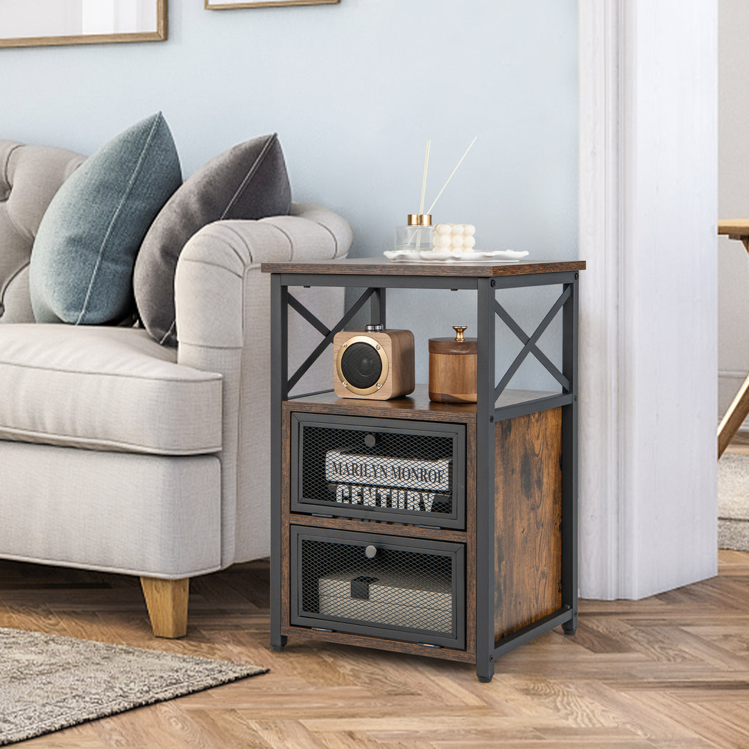 Industrial Bedside Nightstand with 2 Flip Drawers and Open Shelf Rustic - TidySpaces