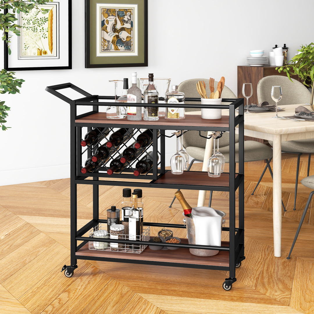 3 Tier Bar Cart Serving Cart w/Wine Racks and Glass Holders