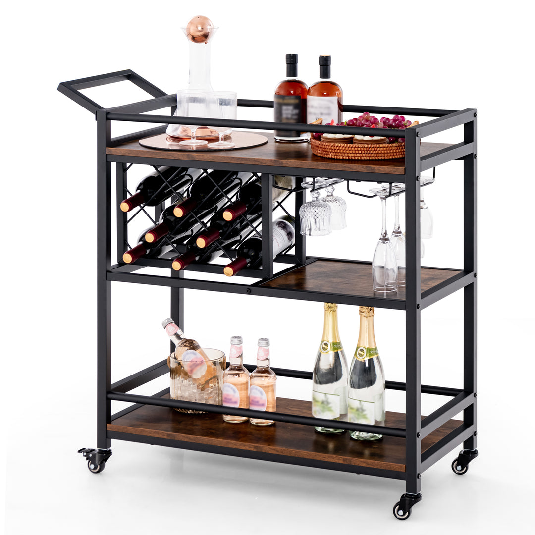 3 Tier Bar Cart Serving Cart w/Wine Racks and Glass Holders