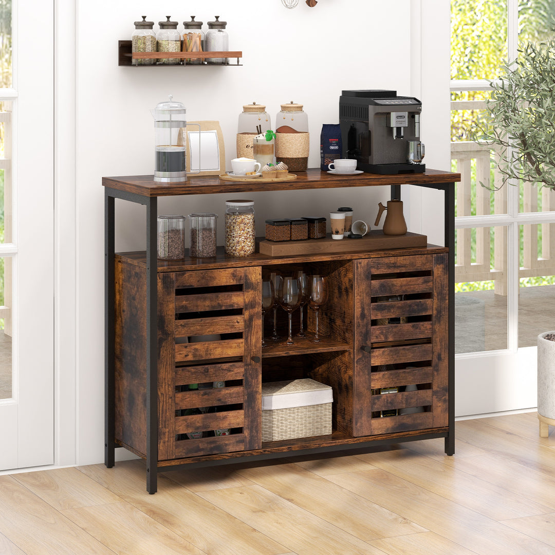 Sideboard Storage Cabinet with Slatted Door and 3 Adjustable Shelves-Rustic Brown - TidySpaces