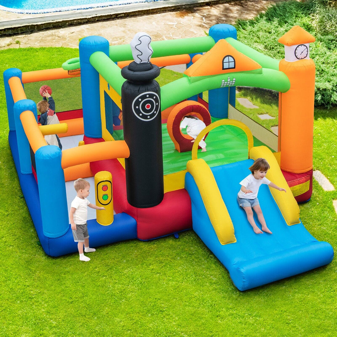 Inflatable Train Themed Kids Bounce Castle with Slide and Basketball Hoop without Air Blower