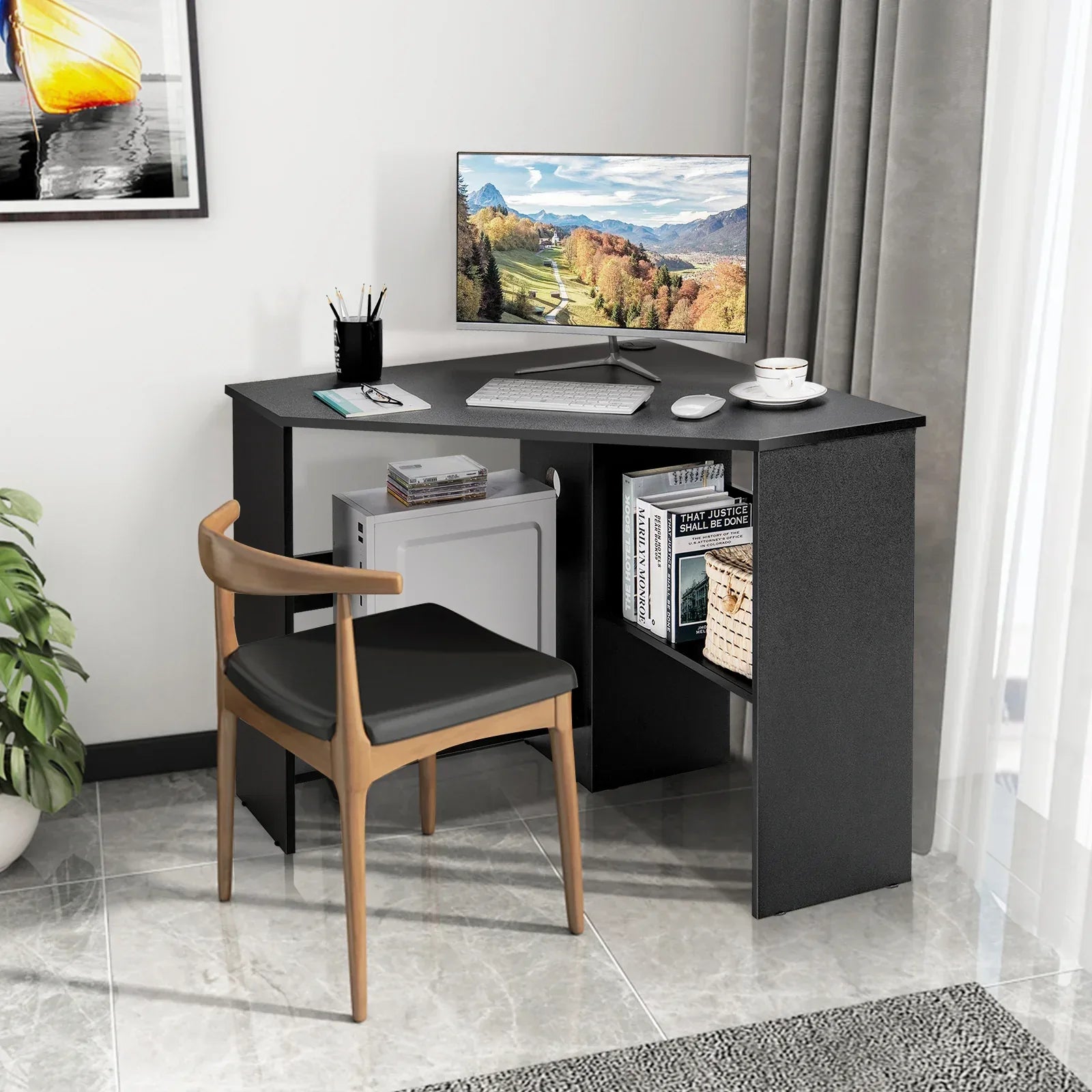 Homieasy Triangle Corner Computer Desk With Hutch, Keyboard Tray, LED Lights & Power Outlets – Retro