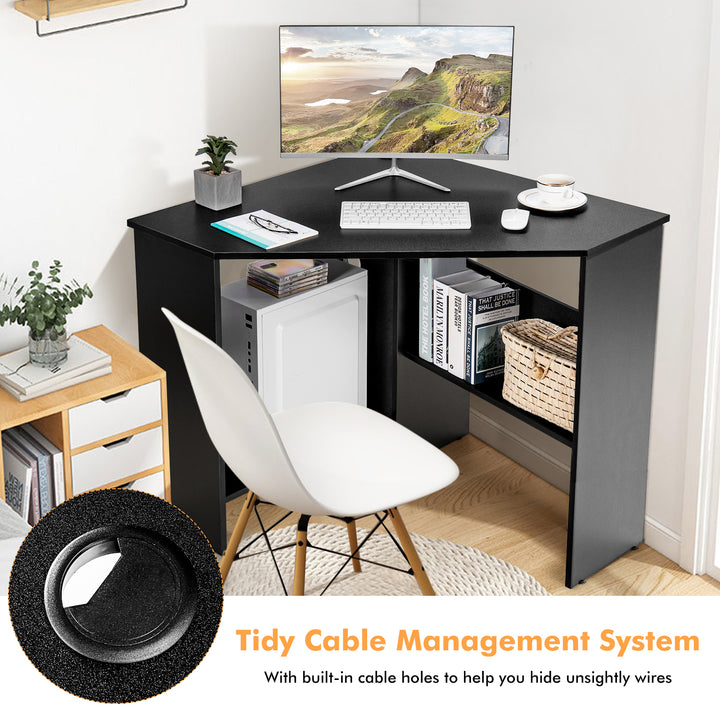 Triangle Corner Computer Desk with Open Shelf and Cable Holes - TidySpaces
