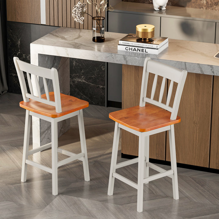 Set of 2 97cm Swivel Rubber Wood Bar Stools with Backrest and Footrest - TidySpaces