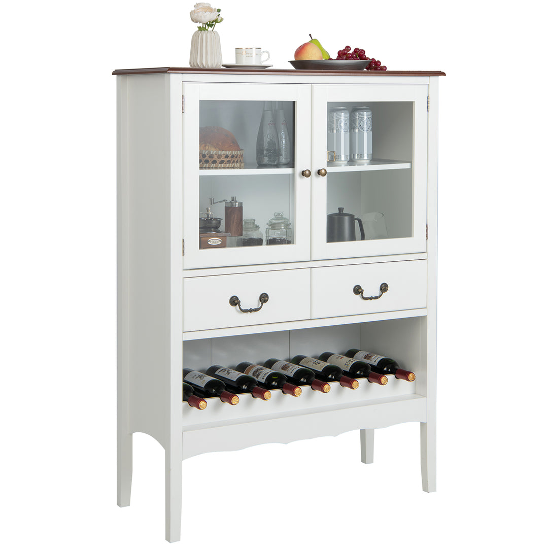 Wooden Kitchen Sideboard with Wine Rack 2 Glass Doors and Drawers - TidySpaces