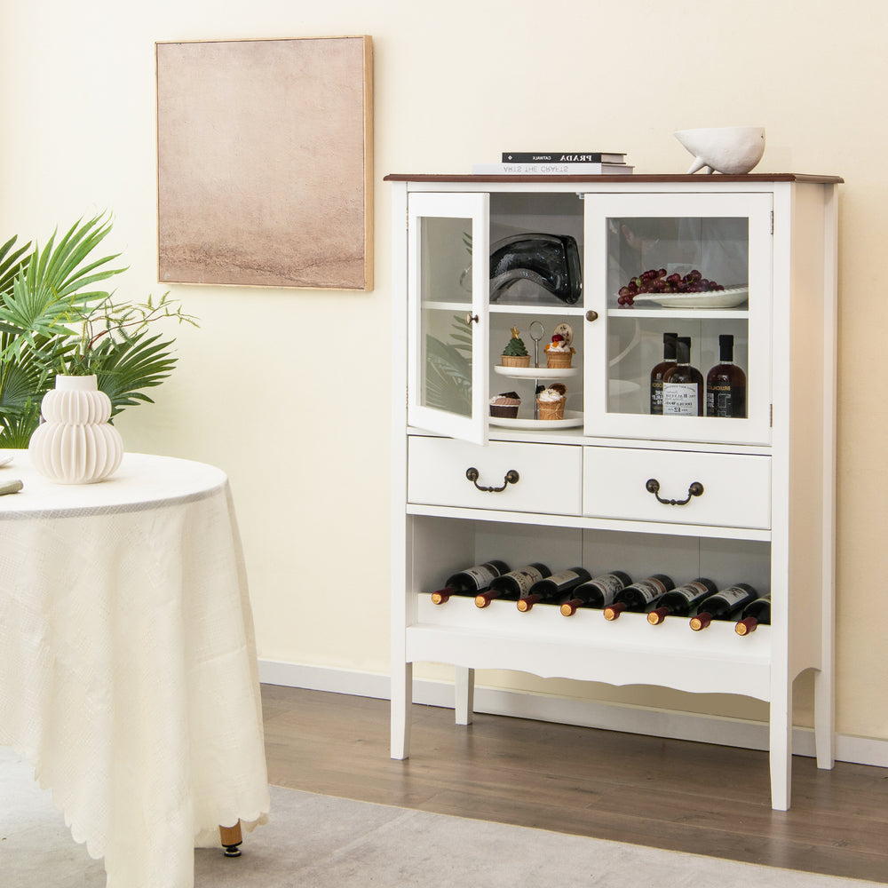 Wooden Kitchen Sideboard with Wine Rack 2 Glass Doors and Drawers - TidySpaces