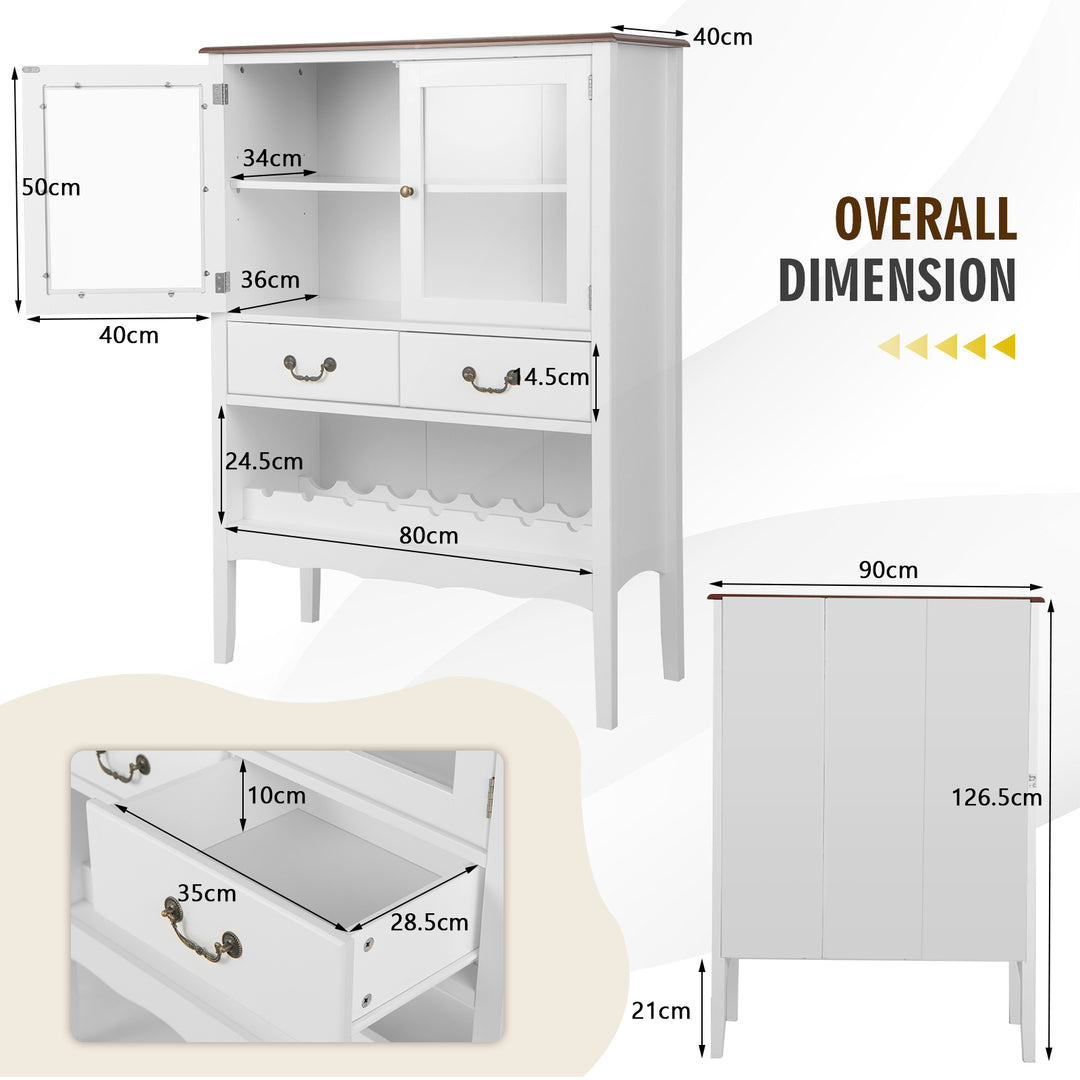 Wooden Kitchen Sideboard with Wine Rack 2 Glass Doors and Drawers - TidySpaces