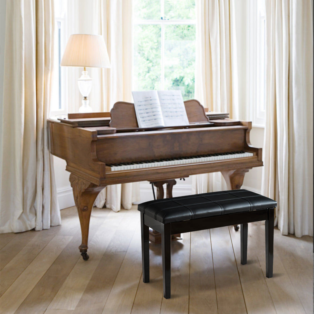 Wooden Duet Piano Bench with Padded Cushion and Music Storage - TidySpaces