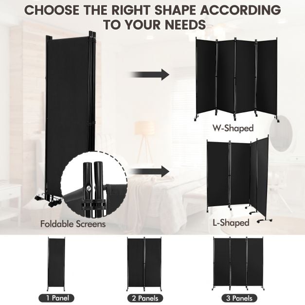 4-Panel Folding Room Divider with Wheels for Living Room Bedroom - TidySpaces