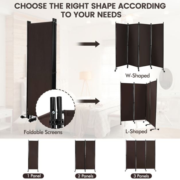 4-Panel Folding Room Divider with Wheels for Living Room Bedroom - TidySpaces