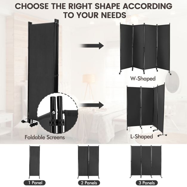 4-Panel Folding Room Divider with Wheels for Living Room Bedroom - TidySpaces