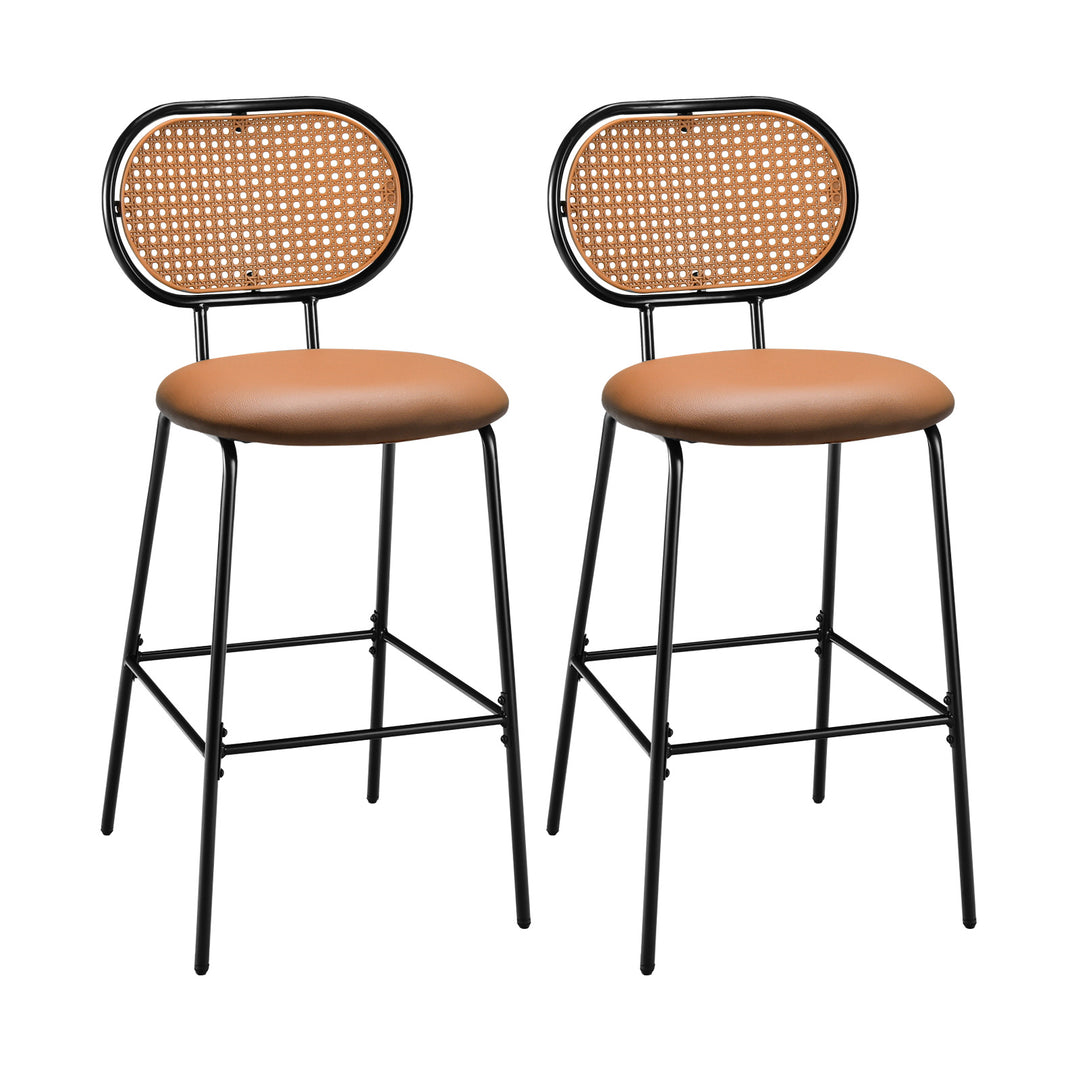 Set of 2 PU Leather Bar Stools with Rattan Backrest and Footrest - TidySpaces