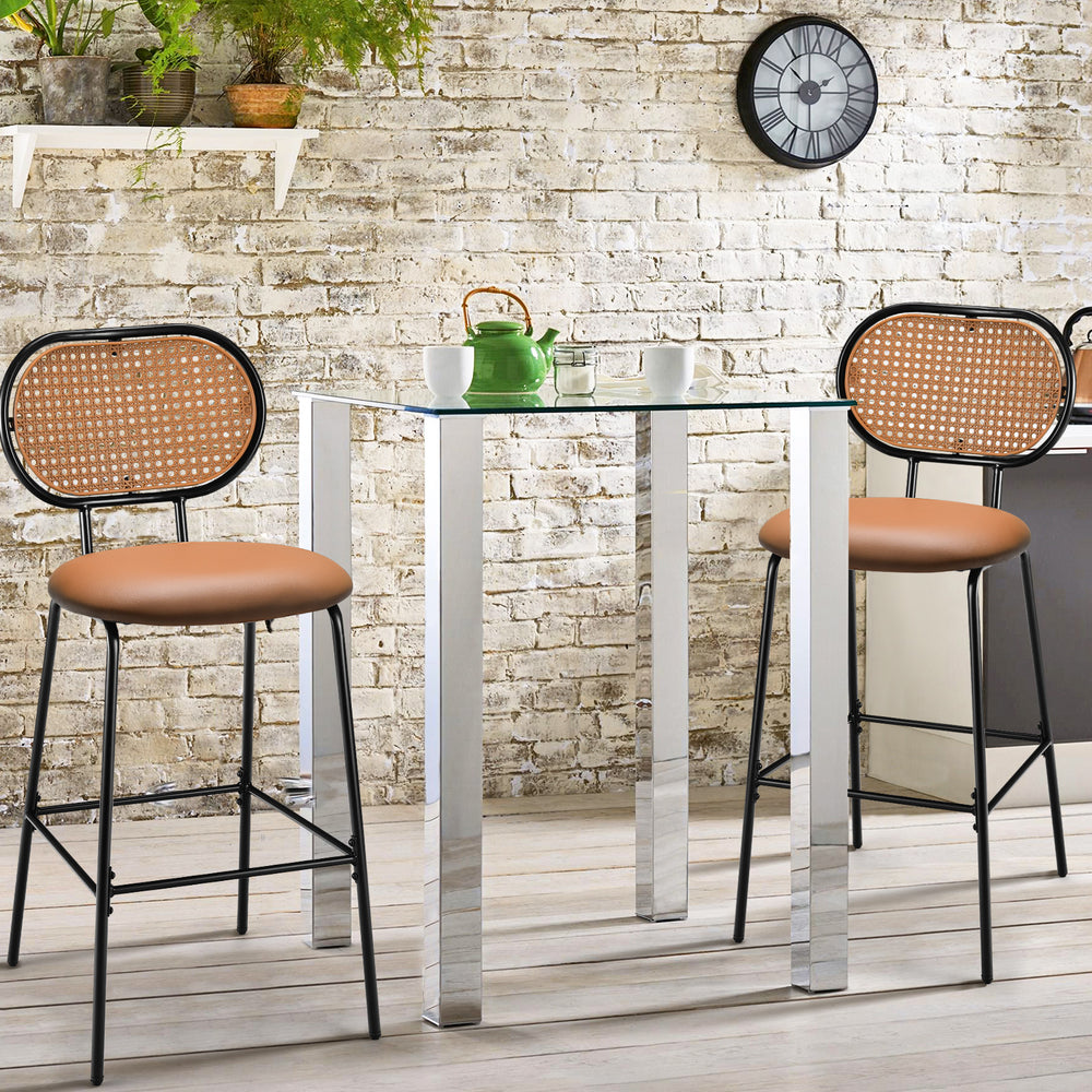 Set of 2 PU Leather Bar Stools with Rattan Backrest and Footrest - TidySpaces