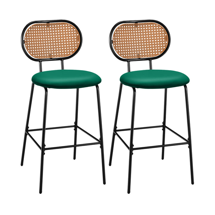 Set of 2 PU Leather Bar Stools with Rattan Backrest and Footrest - TidySpaces