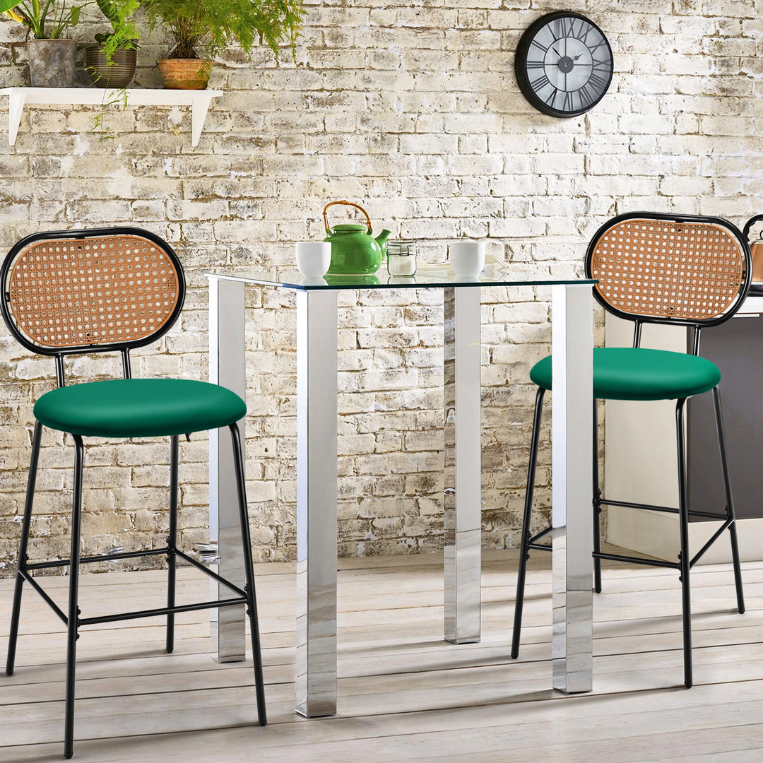 Set of 2 PU Leather Bar Stools with Rattan Backrest and Footrest - TidySpaces