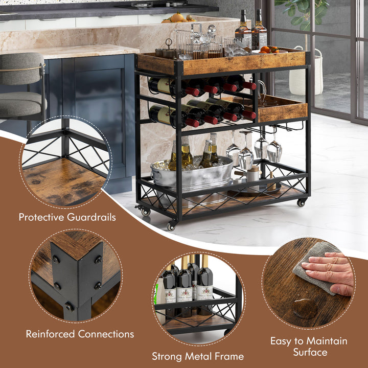 Home Bar Serving Car with Removable Tray-Rustic Brown