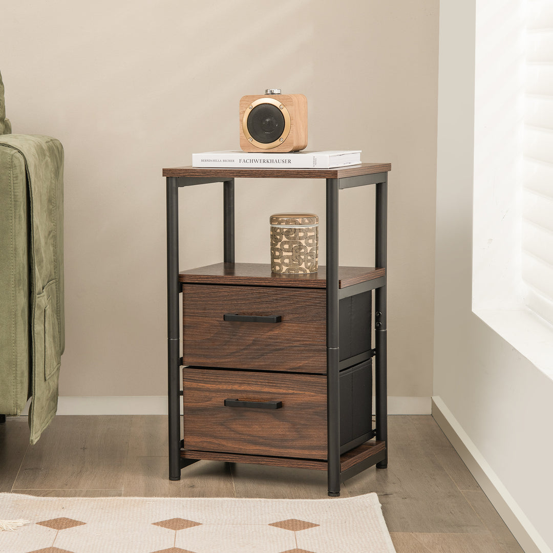 Metal Frame Bedside Table with Open Shelf and 2 Drawers Rustic - TidySpaces