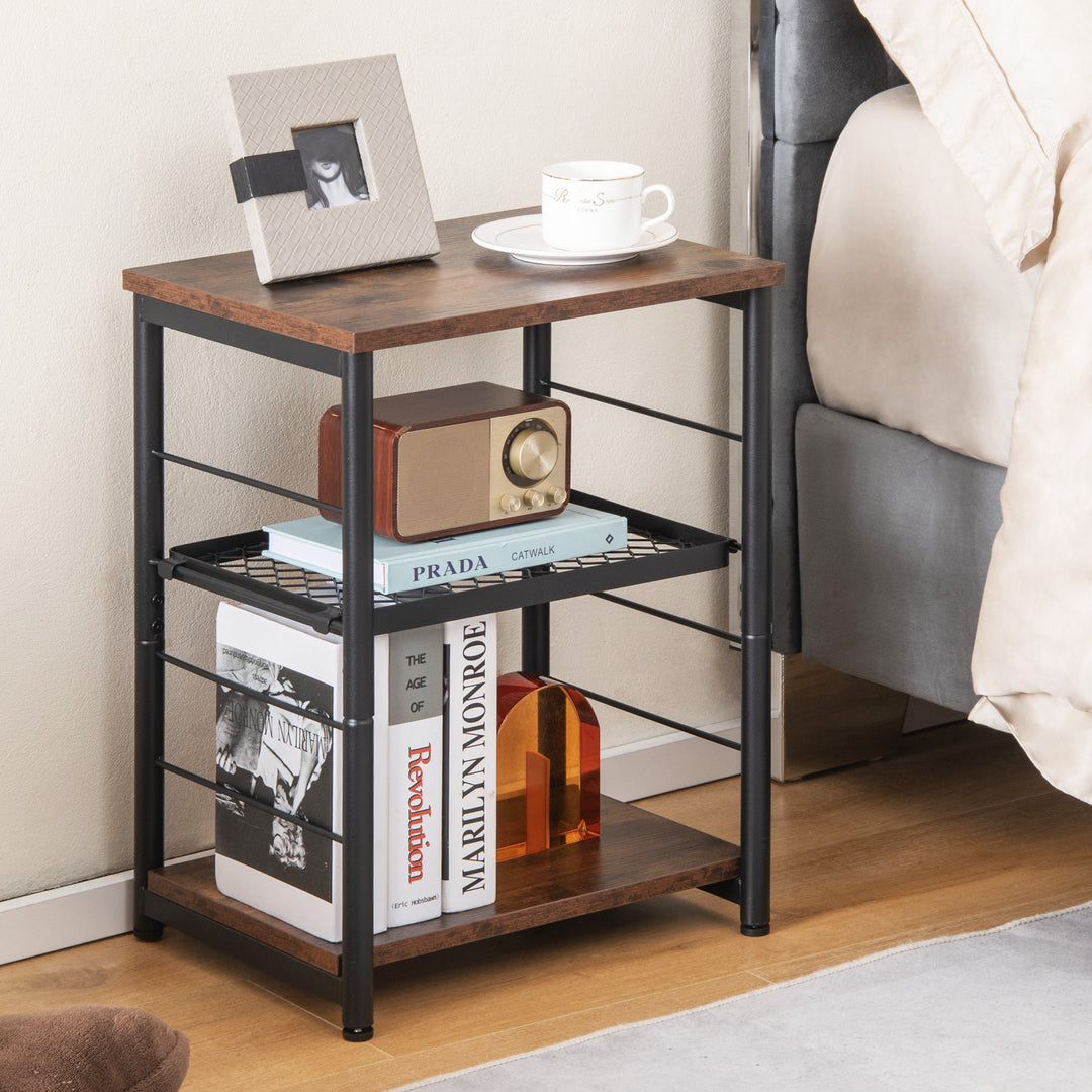 3 Tier Side Table with Adjustable Mesh Shelf for Living Room Bedroom Rustic - TidySpaces