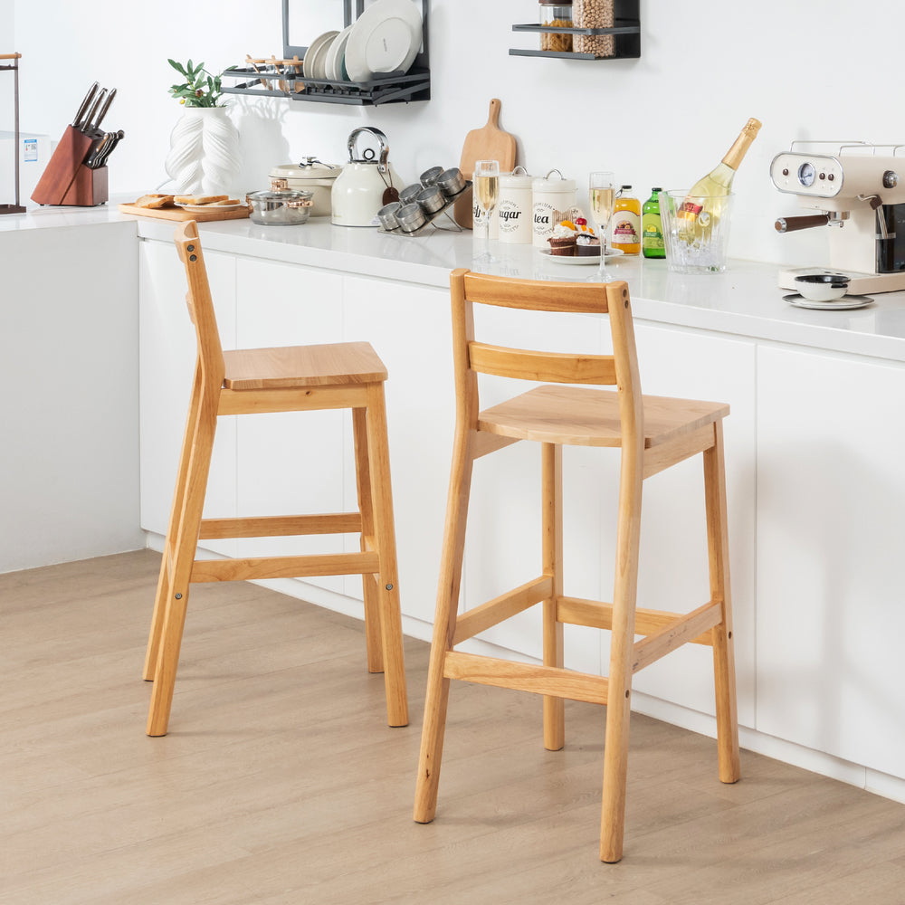 Set of 2 Rubber Wood Bar Stools with Backrest and Footrests - TidySpaces