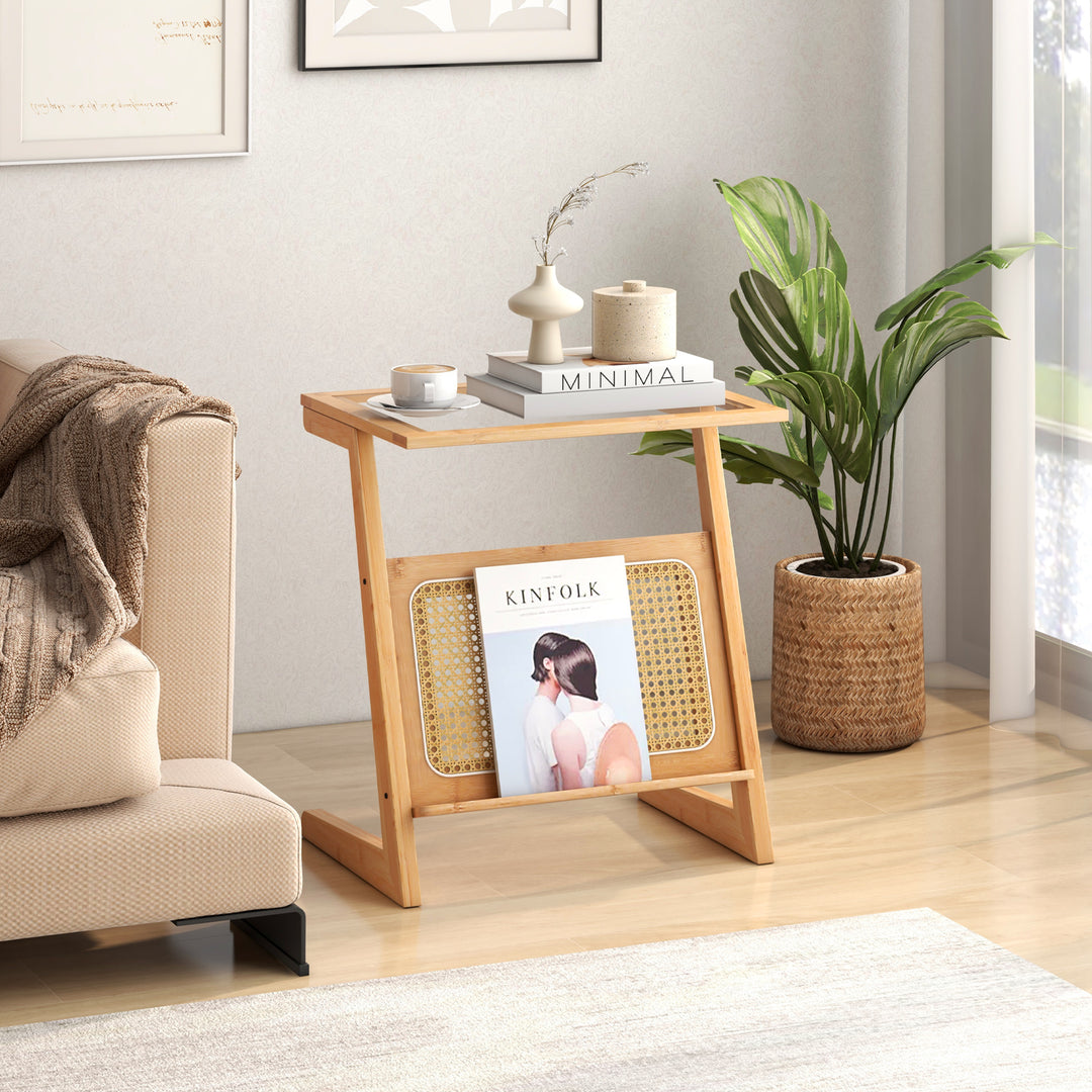 Bohemian Style Z shaped Bamboo End Table with Rattan Shelf