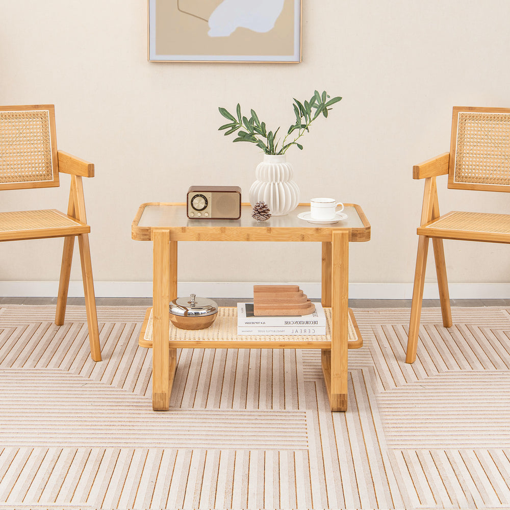 2 tier Compact Bamboo Side Table with PE Rattan Shelf - TidySpaces