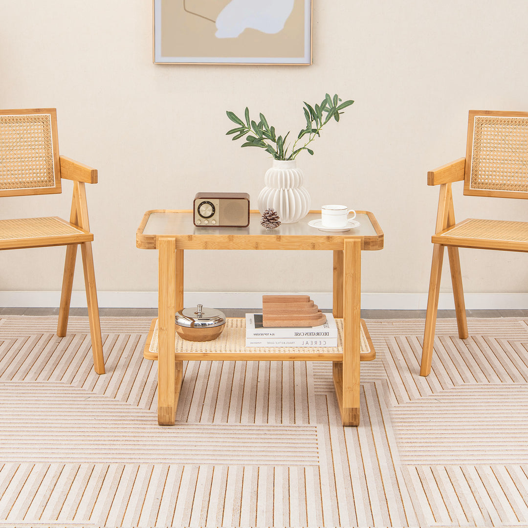 2 tier Compact Bamboo Side Table with PE Rattan Shelf - TidySpaces