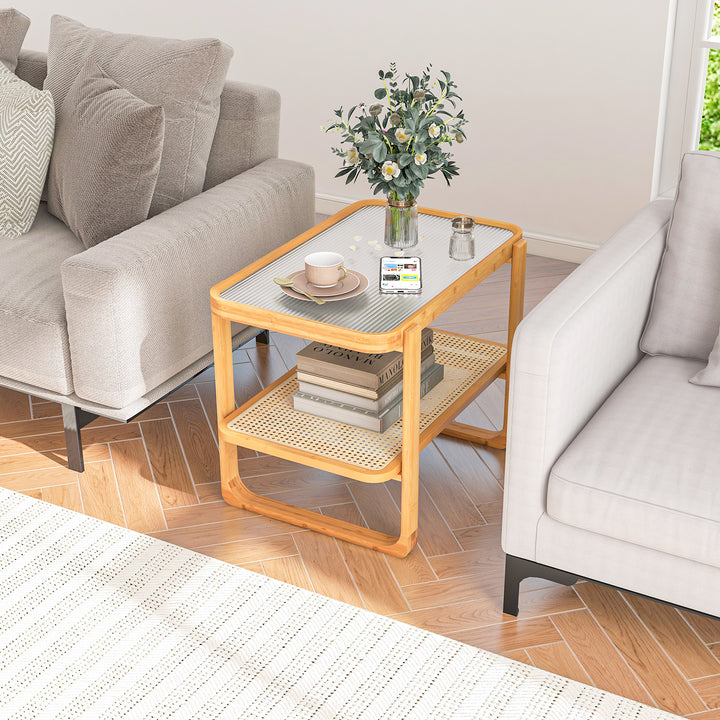 2 tier Compact Bamboo Side Table with PE Rattan Shelf - TidySpaces
