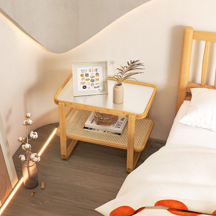 2 tier Compact Bamboo Side Table with PE Rattan Shelf - TidySpaces