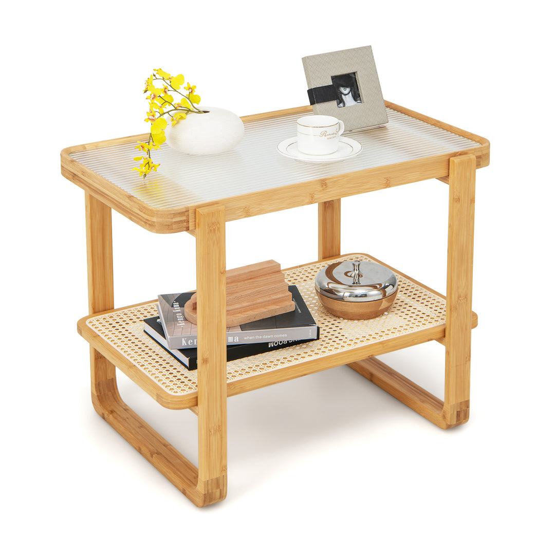 2 tier Compact Bamboo Side Table with PE Rattan Shelf Shelf11093NA - TidySpaces