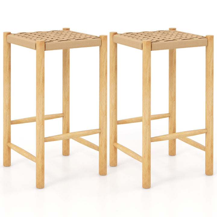 Dining Stool Set of 2 with Rubber Wood Frame and Woven Paper Seat