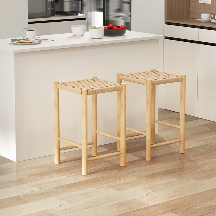 Dining Stool Set of 2 with Rubber Wood Frame and Woven Paper Seat