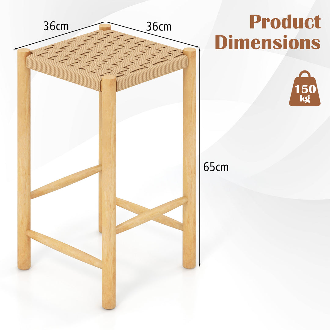 Dining Stool Set of 2 with Rubber Wood Frame and Woven Paper Seat