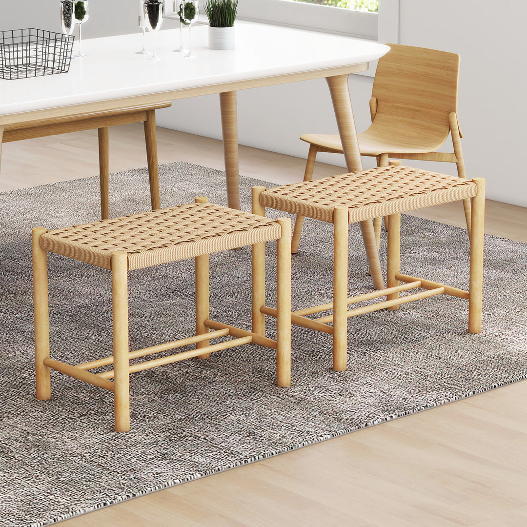 Dining Stool Set of 2 with Rubber Wood Frame and Woven Paper Seat