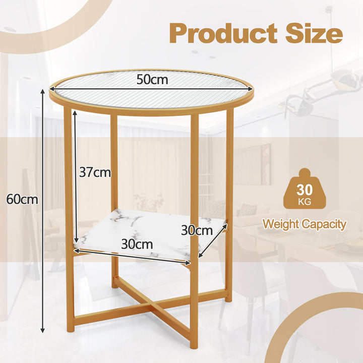 50 x 50 x 60 cm 2 Tier Round Side Table with Faux Marble Storage Shelf