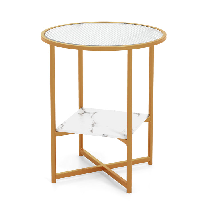 50 x 50 x 60 cm 2 Tier Round Side Table with Faux Marble Storage Shelf