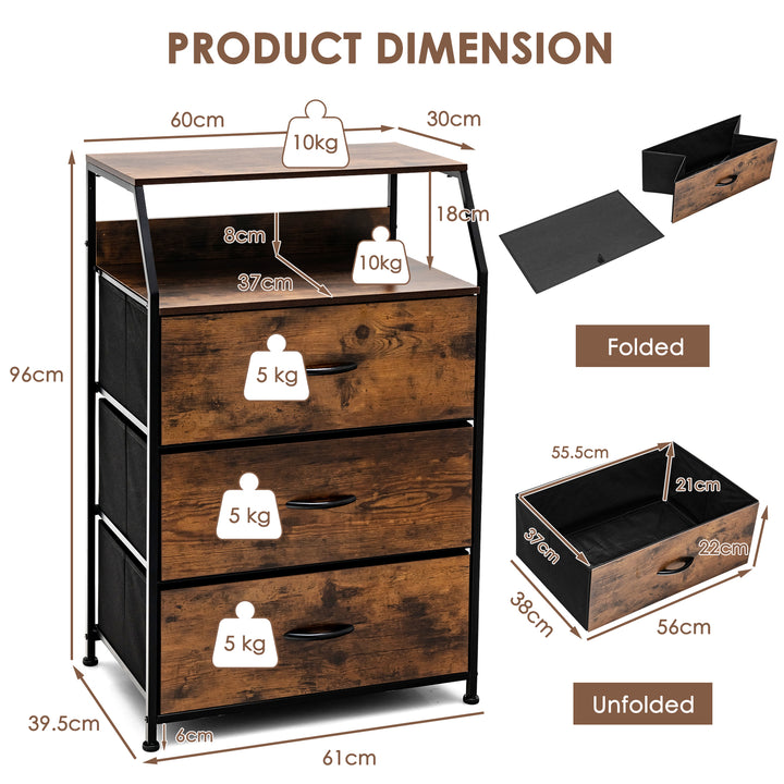 3 Drawer Dresser with Wooden Top and Front for Bedroom Living Room Rustic